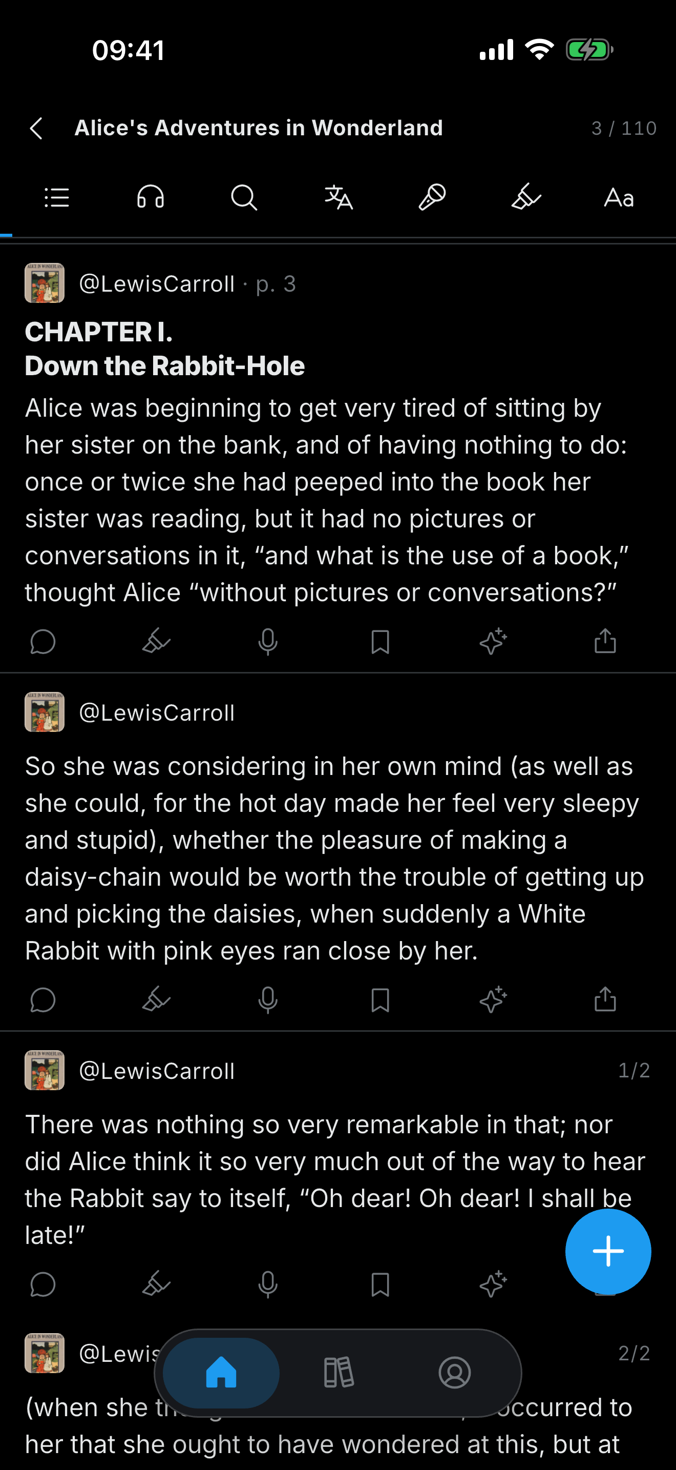 Xleaf iPhone reading feed showing Alice’s Adventures in Wonderland