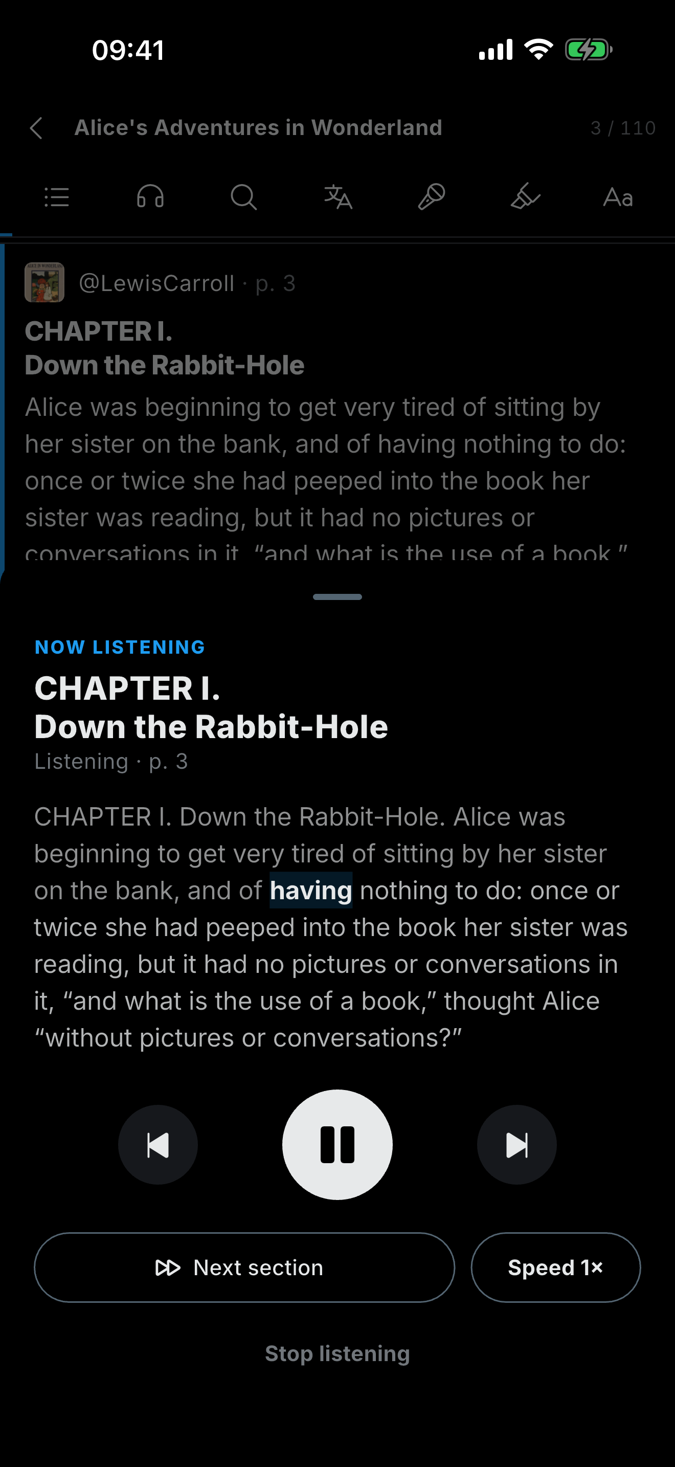 Xleaf iPhone narration player with highlighted text and playback controls